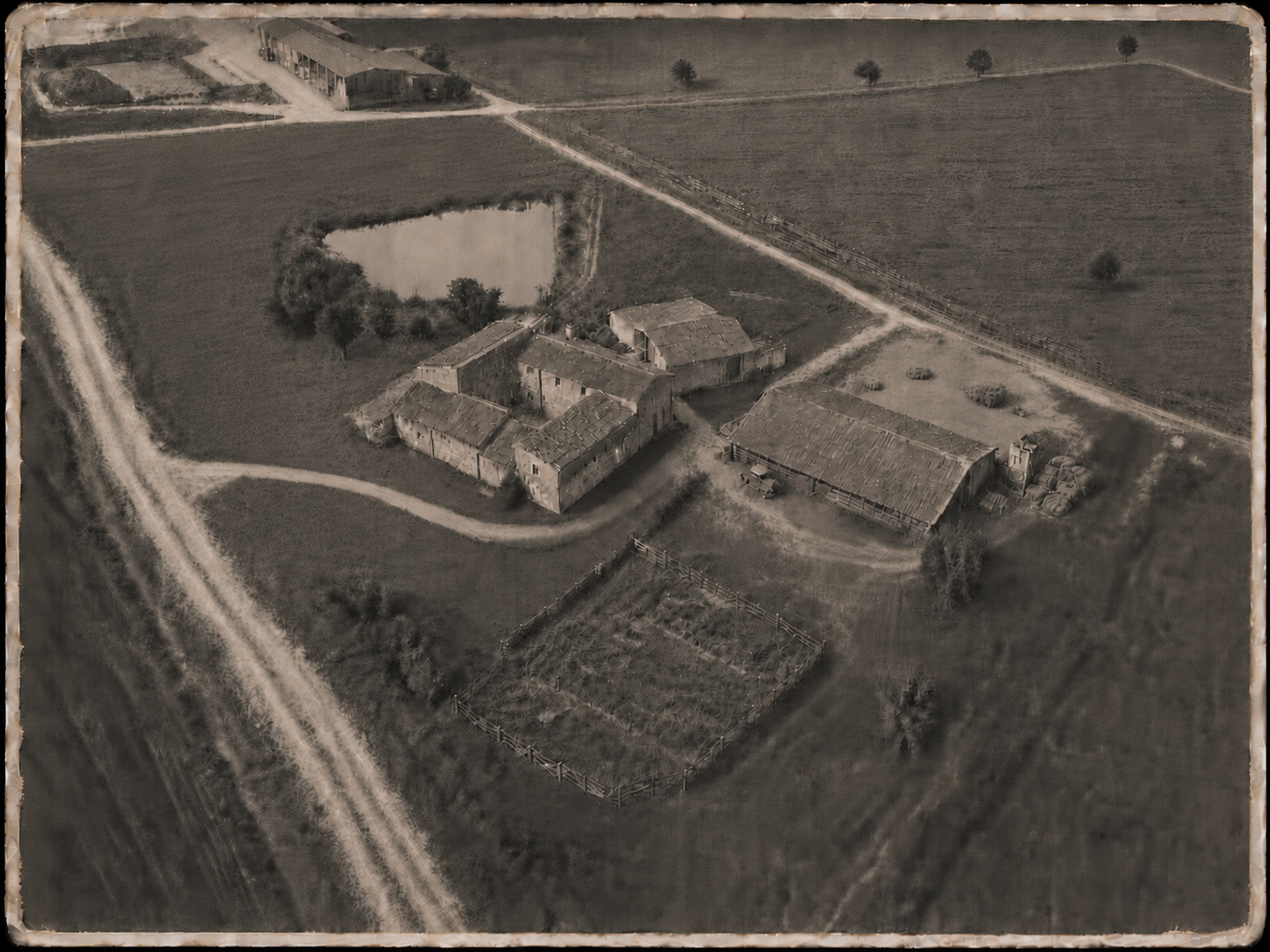 Recreació antiga de la finca sense pals elèctrics, amb la bassa envoltada de prat i una esplanada agrícola amb bales de palla